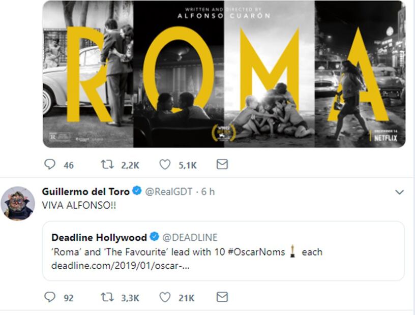 Amigos felicitan a Alfonso Cuarón por la nominación de Roma a los premios Oscar