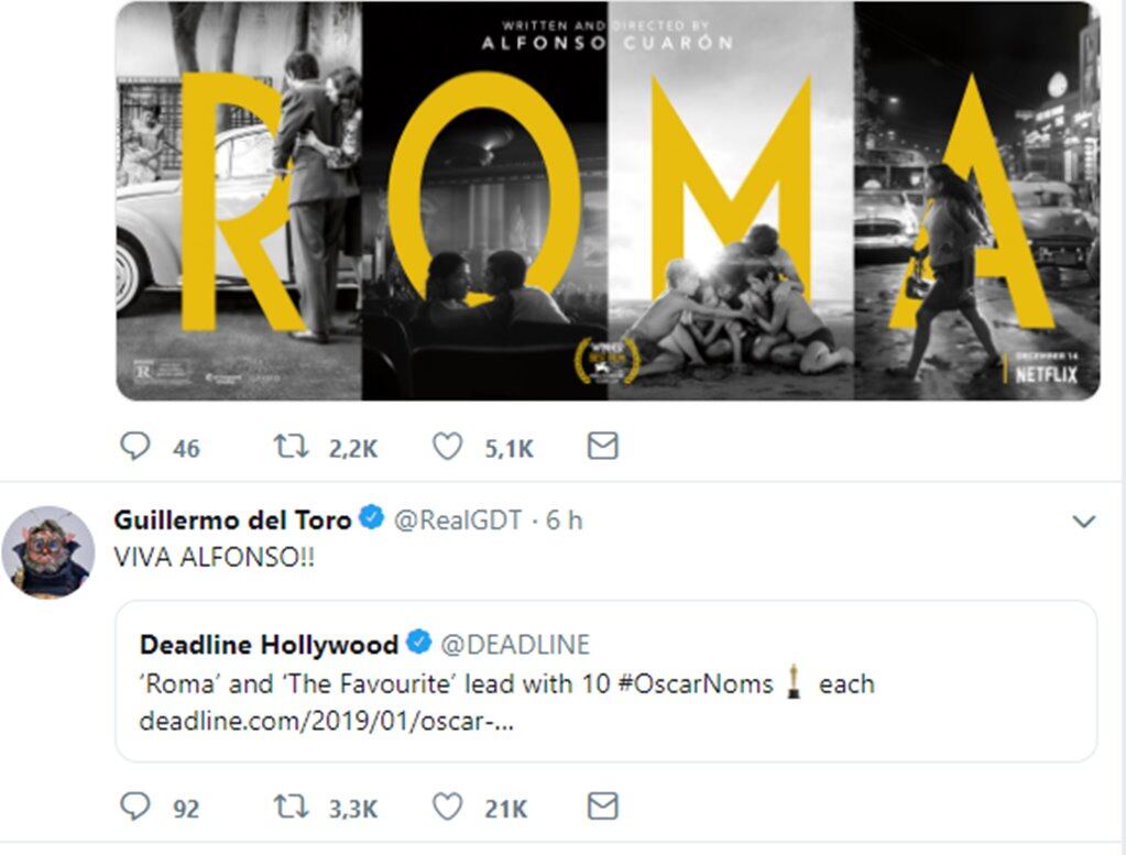 Amigos felicitan a Alfonso Cuarón por la nominación de Roma a los premios Oscar