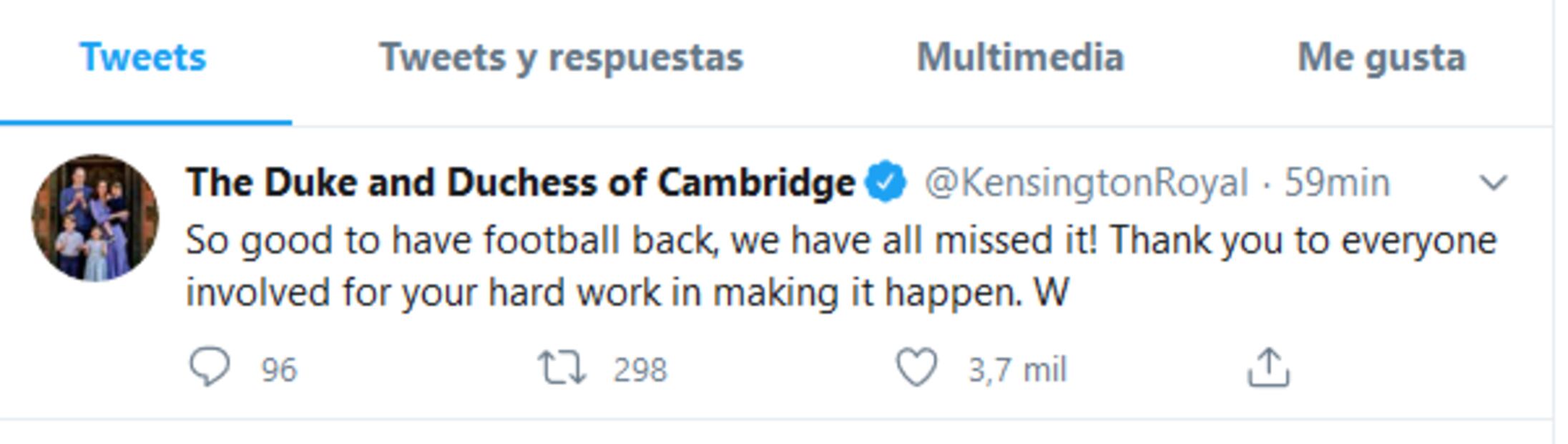 El príncipe William lanza un tuit de felicidad por el regreso de la Premier League