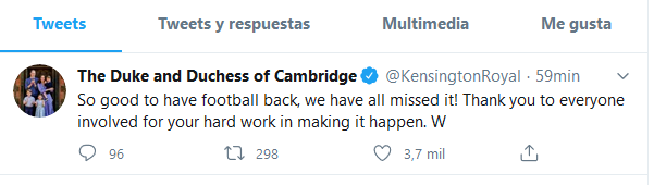El príncipe William lanza un tuit de felicidad por el regreso de la Premier League