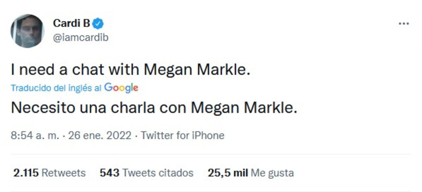 Cardi B busca a Meghan Markle a través de Twitter