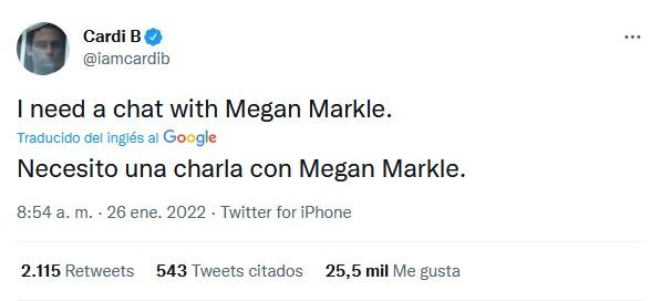 Cardi B busca a Meghan Markle a través de Twitter