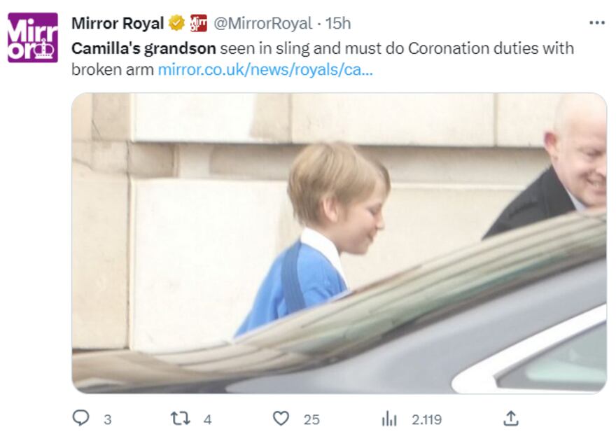Nieto de la reina Camila se fractura el brazo previo a su participación en la coronación