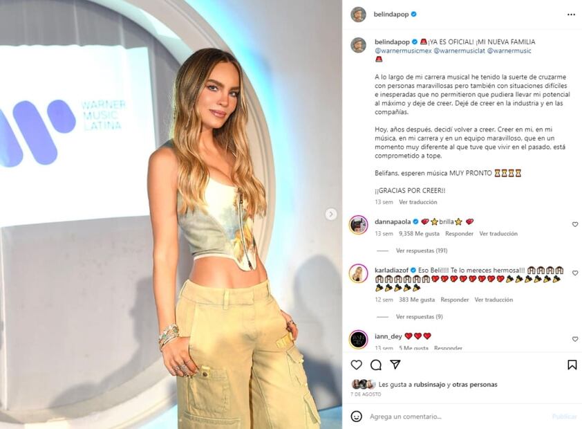 El anuncio de Belinda y Warner Music / Instagram: @belindapop