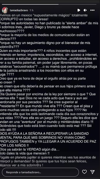 Tania Díaz pide Alerta Amber para sus sobrinos Inesita, Diego, Javier y Bruno, hijos de Inés Gómez Mont