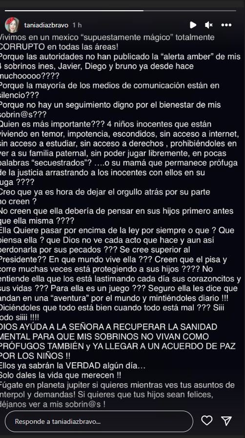Tania Díaz pide Alerta Amber para sus sobrinos Inesita, Diego, Javier y Bruno, hijos de Inés Gómez Mont