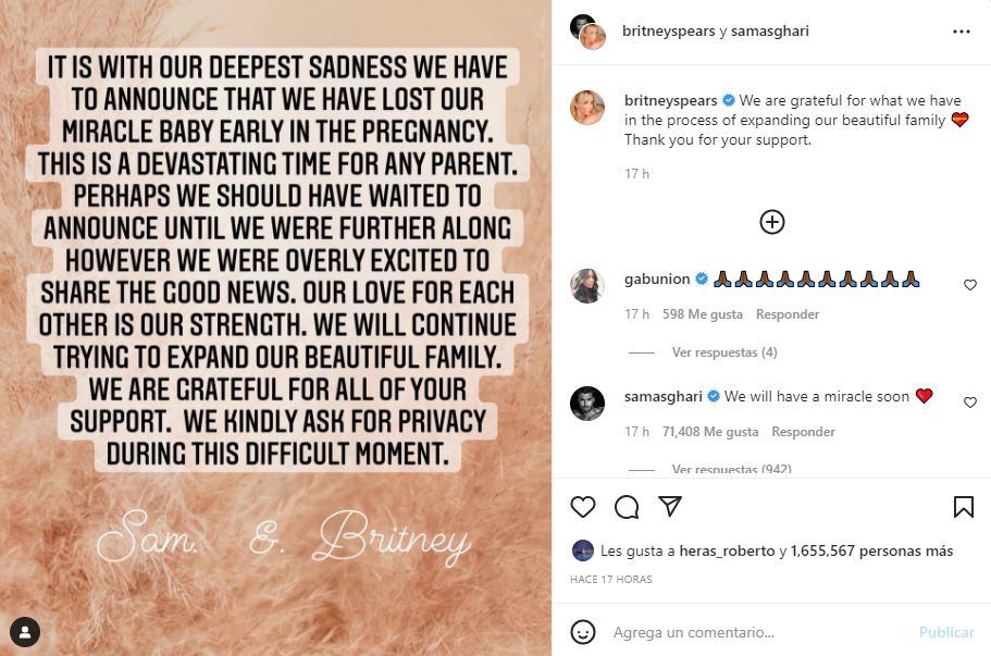 Britney Spears y Sam Asghari anuncian que perdieron a su bebé