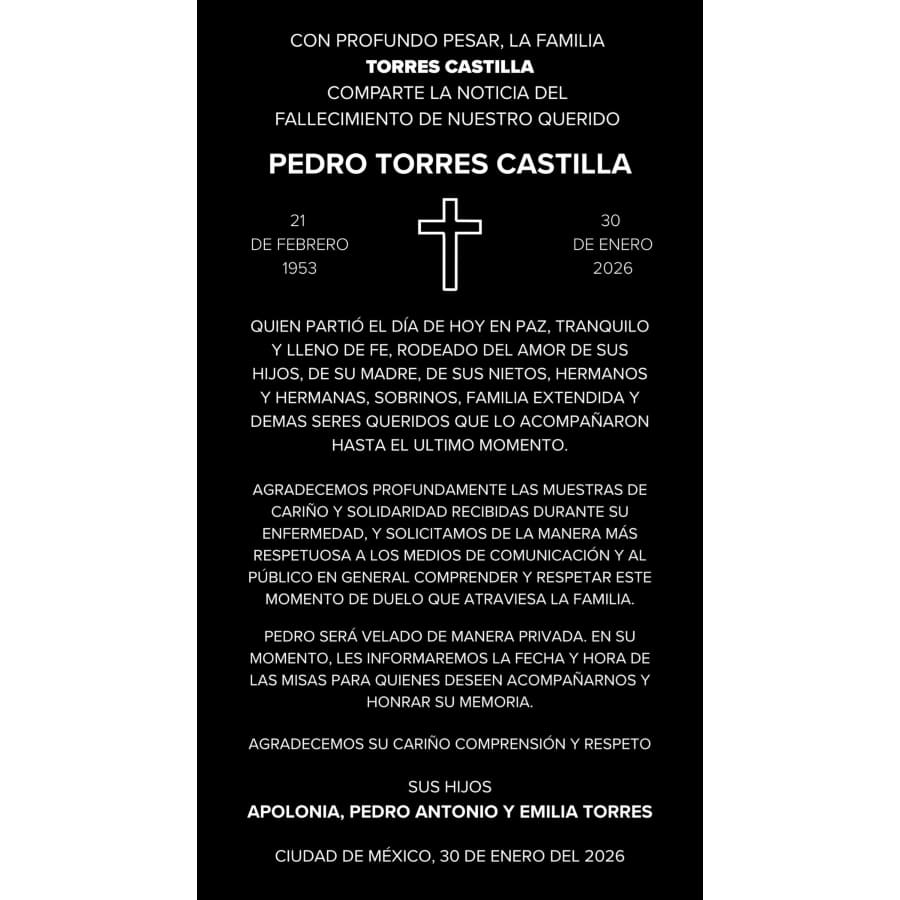 El comunicado sobre el fallecimiento de Pedro Torres / Foto: Instagram