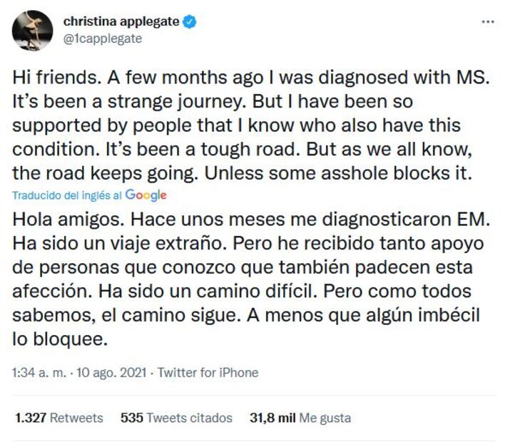 Christina Applegate revela que padece esclerosis múltiple