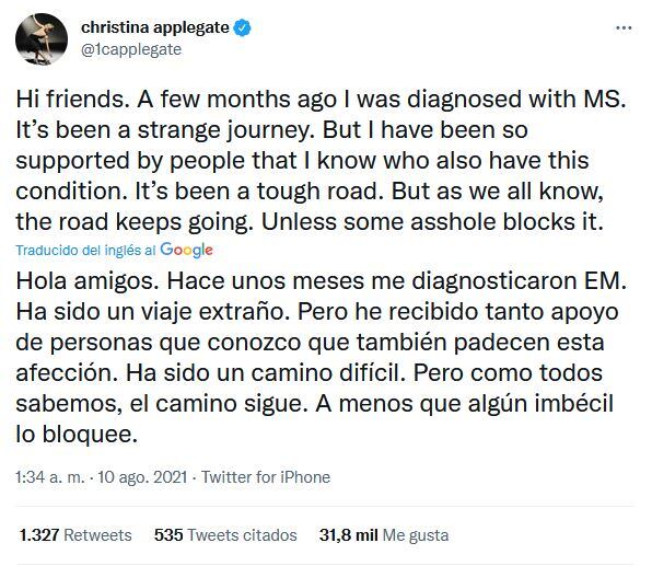 Christina Applegate revela que padece esclerosis múltiple