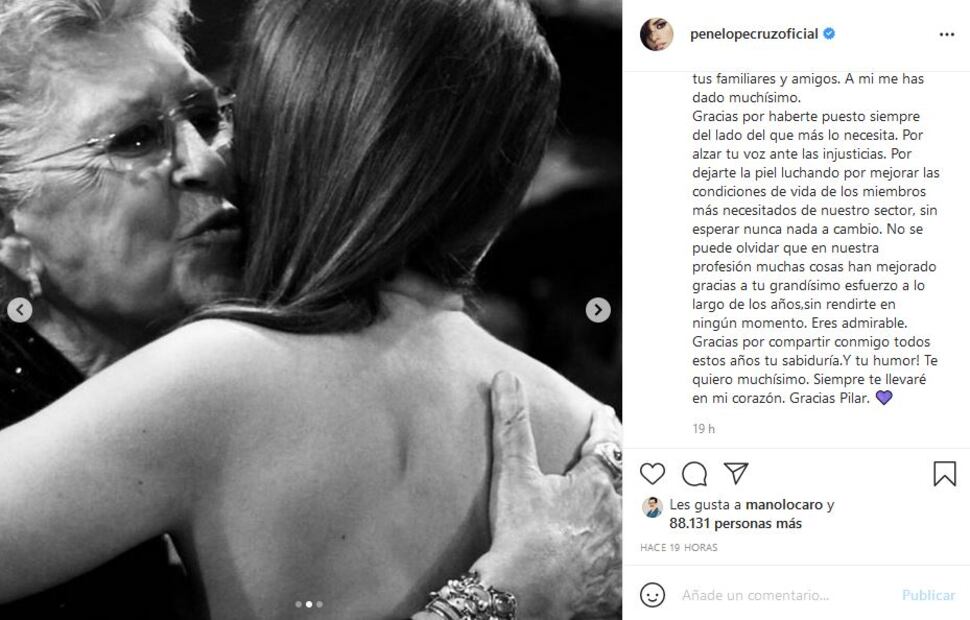Penélope Cruz escribe conmovedora carta por el fallecimiento de su suegra, Pilar Bardem