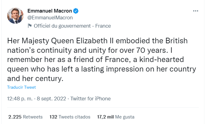 condolencias, muerte, reina isabel, francia